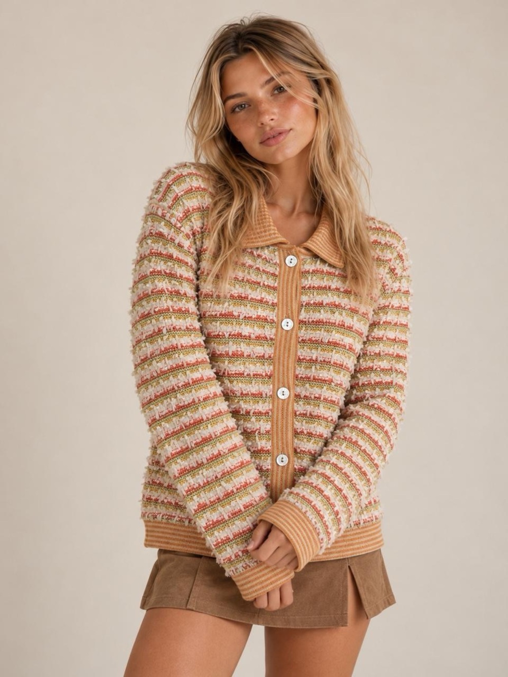 Vintage 90s textured knit collard cardigan